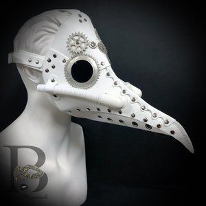 White Plague Doctor Mask with Silver White Gears